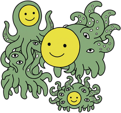 Several green tentacled creatures, each wearing a smiling yellow mask